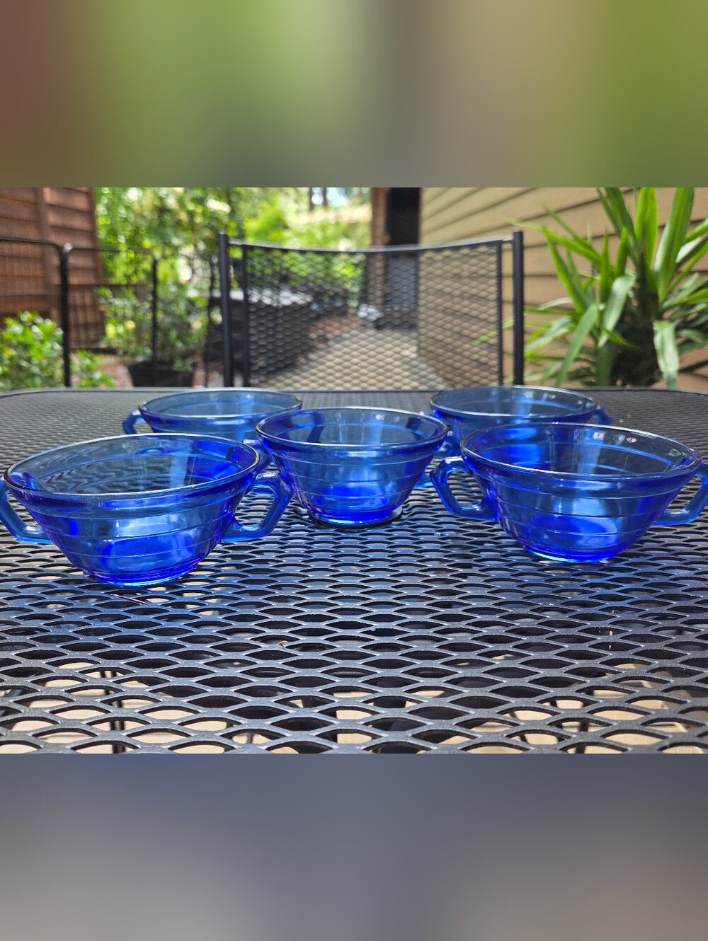 Cobalt Blue Art Deco Vintage Depression Glass Double Handled Bowl- Set Of Five